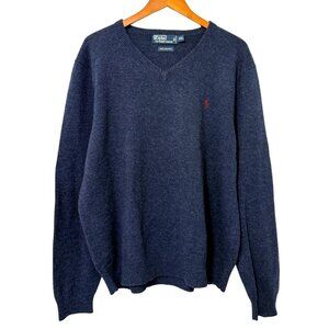 Polo Ralph Lauren Men's Vintage 100% Wool Sweater Navy Blue V-Neck Size XXL